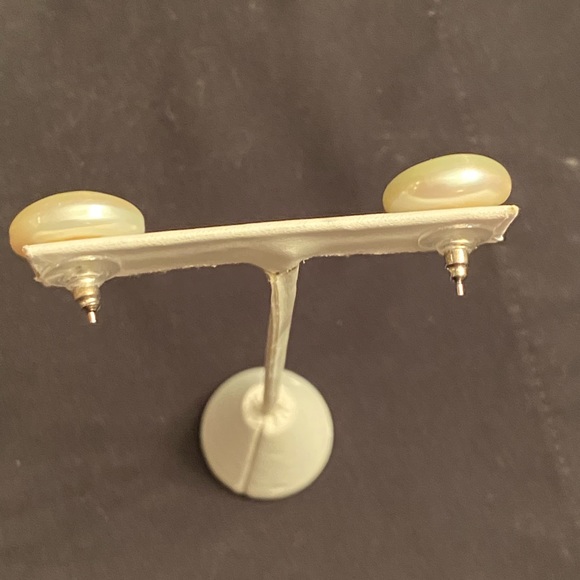 Large Coin Pearl Pierced Earrings - Color - Off-white, Sterling Post. - Picture 2 of 3